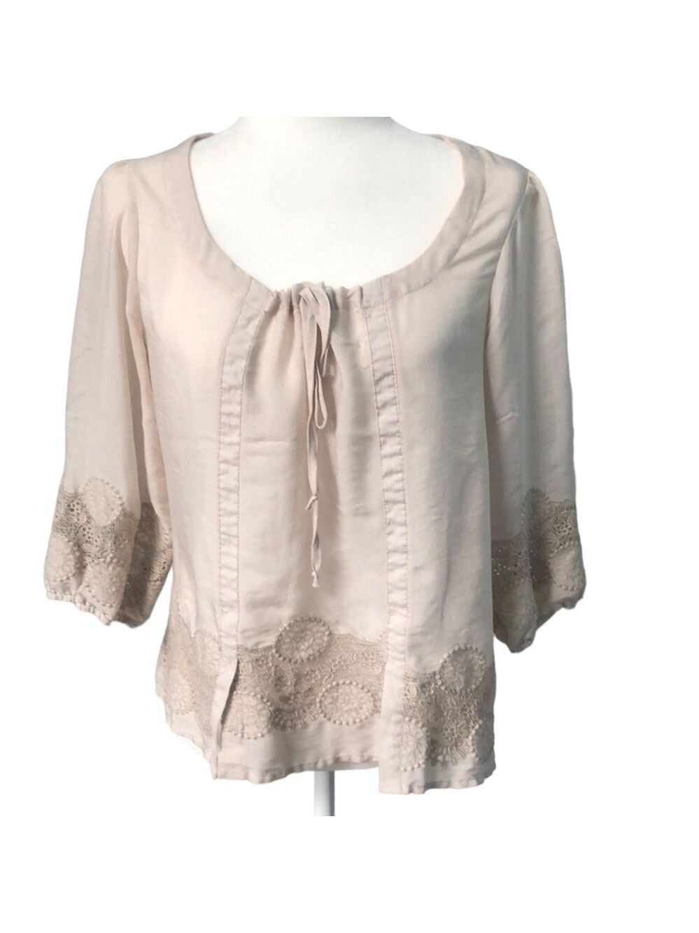 Love Stitch Boho Crochet Embroidery Peasant Top in Ivory White Size Medium